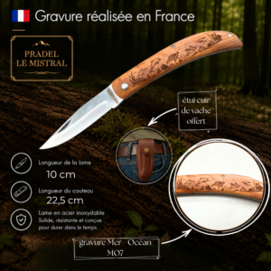 Couteau de poche Pradel le Mistral avec gravure laser mer et océan ref 1004MO7