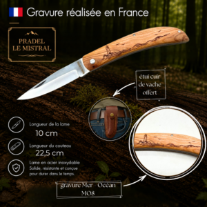 Couteau de poche Pradel le Mistral avec gravure laser mer et océan ref 1004MO8