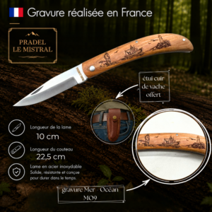 Couteau de poche Pradel le Mistral avec gravure laser mer et océan ref 1004MO9