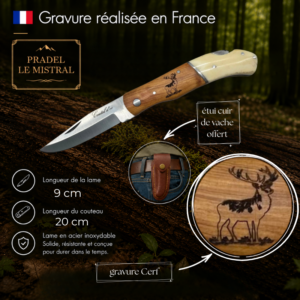 Couteau de poche Pradel le Mistral avec gravure laser CERF 1042Cerf