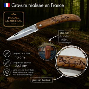 Couteau de poche Pradel le Mistral avec gravure laser TAUREAU ref 1004Taureau