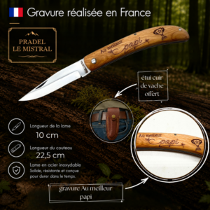 Couteau de poche Pradel le Mistral avec gravure laser AU MEILLEUR PAPI ref 1004aumeilleurpapi