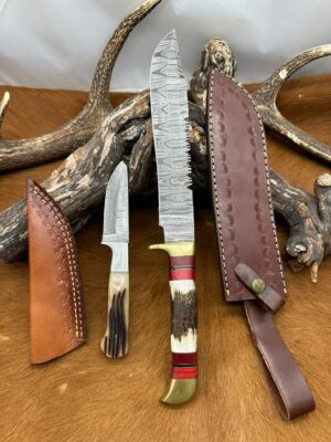Set de 2 couteaux Bois de cerf : couteau bowie de chasse + petit couteau damas ref CBCPC30