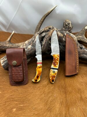Set prestige : Petit couteau Os brulé et taillé + couteau de poche pliant damas 256 couches ref PCOCP35